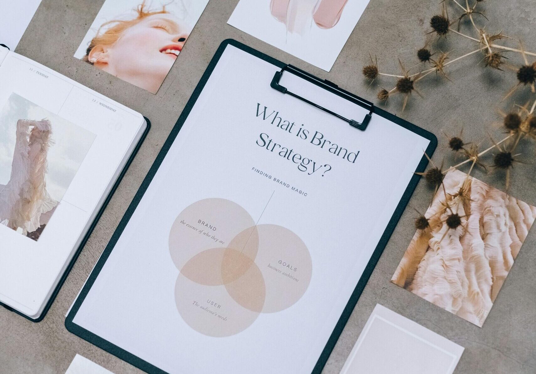 Aesthetic flat lay of branding and design documents on textured surface.